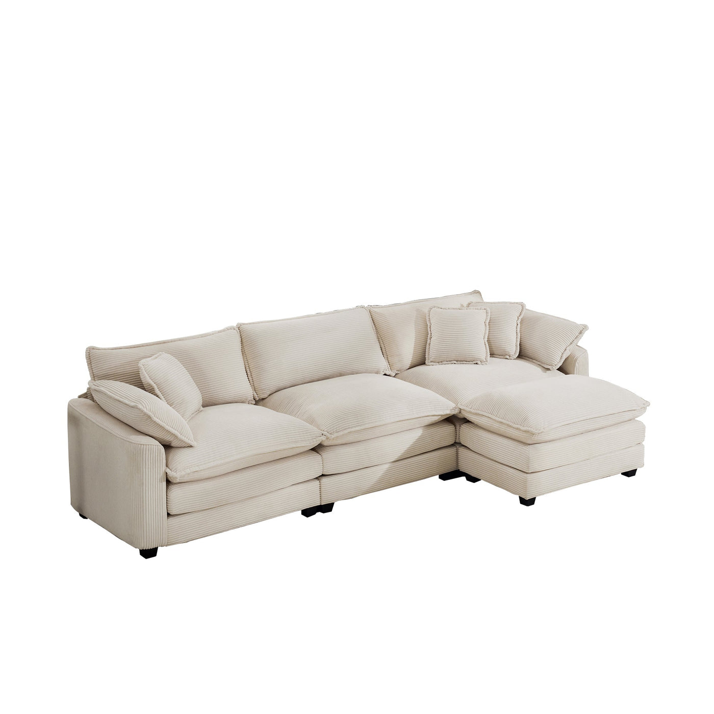 Classic & Modern Sectional Sofa with Ottoman - Light Beige Corduroy Upholstered 3-Seat Couch for Living Room