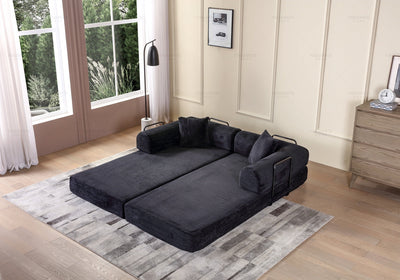 Convertible Sleeper Sofa Bed with Cylindrical Pillow - Corduroy Folding Mattress Couch with Fixed-Shape Frame for Living Room, Bedroom, Lounge, Studio - Black