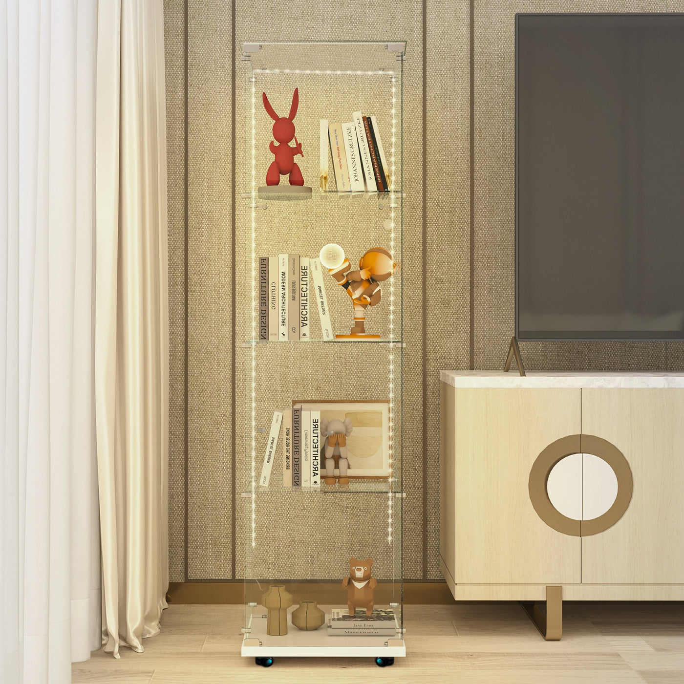 Tempered Glass Display Cabinet,Wine Cabinet, Storage Cabinet,File Cabinet, Tempered Glass Top,Bluetooth LED Light Strip,with Door Lock,suitable for Living Room, Bedroom,Hallway,Office,color:white