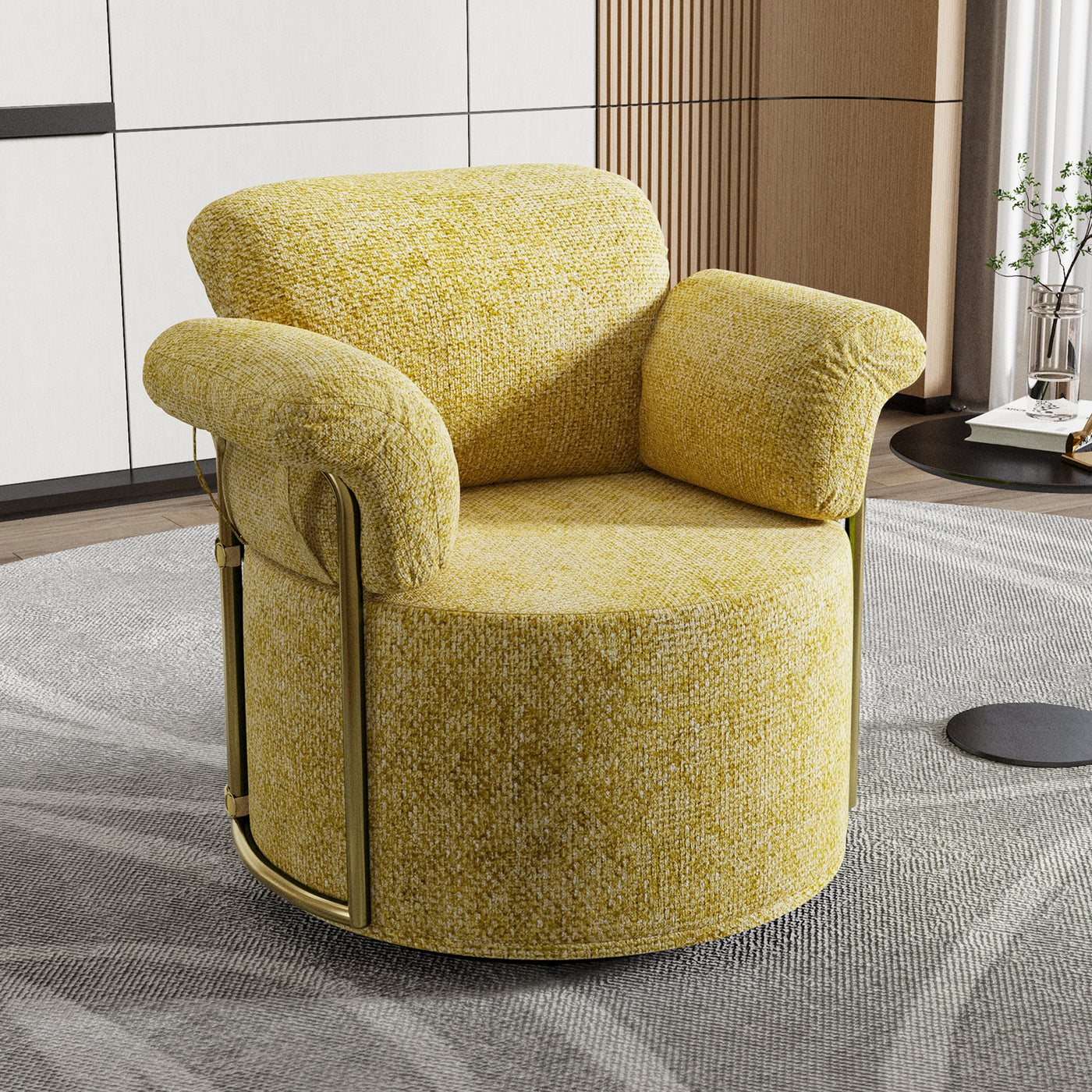 360 Degree Barrel Swivel Accent Sofa Chair,Fluffy Fabric Lounge Wide Upholstered Reading Chair with Gold Metal Legs, Comfortable Round Armchair for Living Room,Bedroom,Office(Yellow)