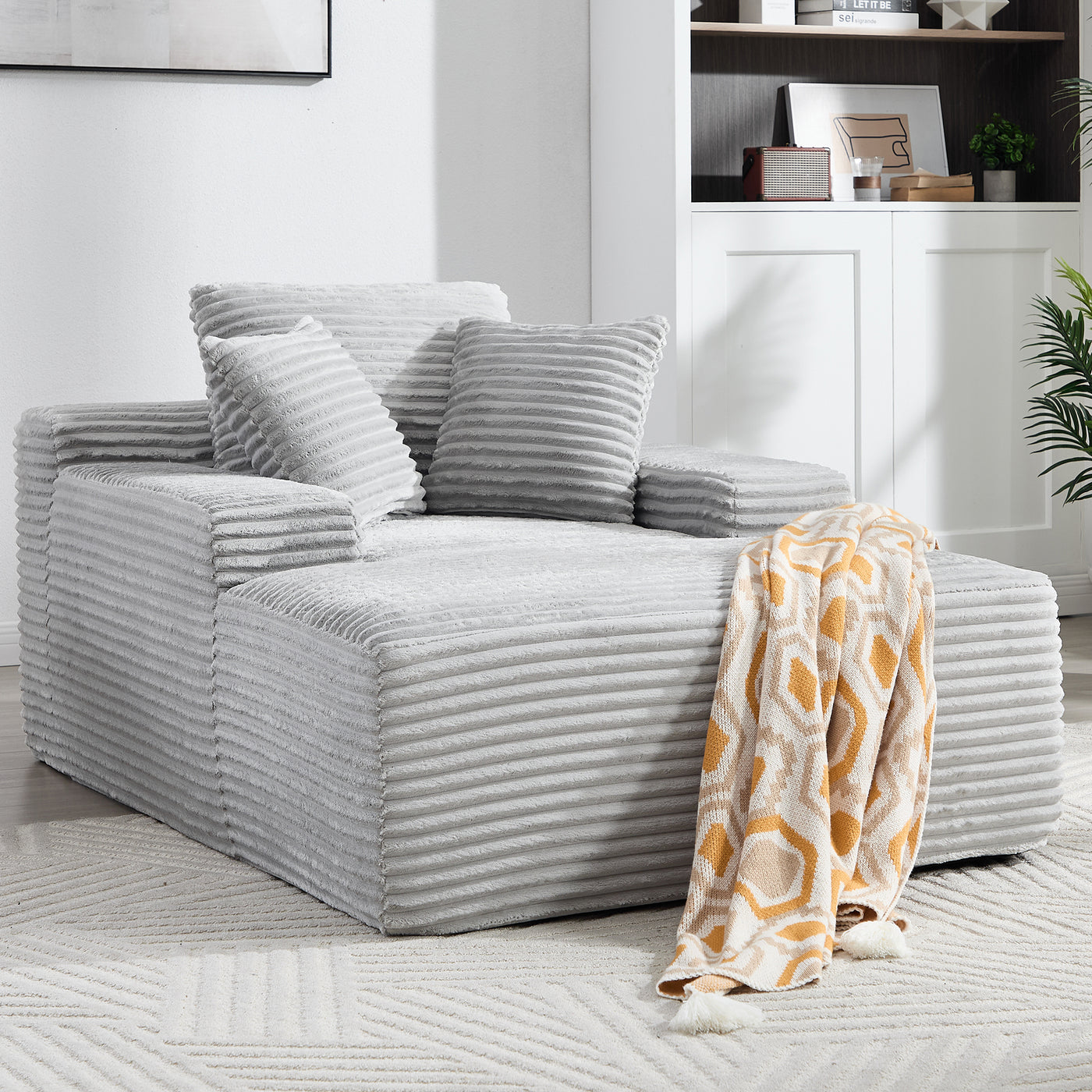 67' Chaise Lounge Chair 9.9'' Wide Armrest Indoor Corduroy Oversized Sleeper Sofa for Living Room Deep Seat Lounge and Three Soft Pillows Convertible Boneless Sofa Bed, Light Grey,No Assembly Required