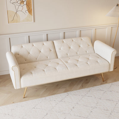 Luxurious Velvet Sofa Bed with Nail Head Trim and Matching Pillow in Beige, 69.7-Inch