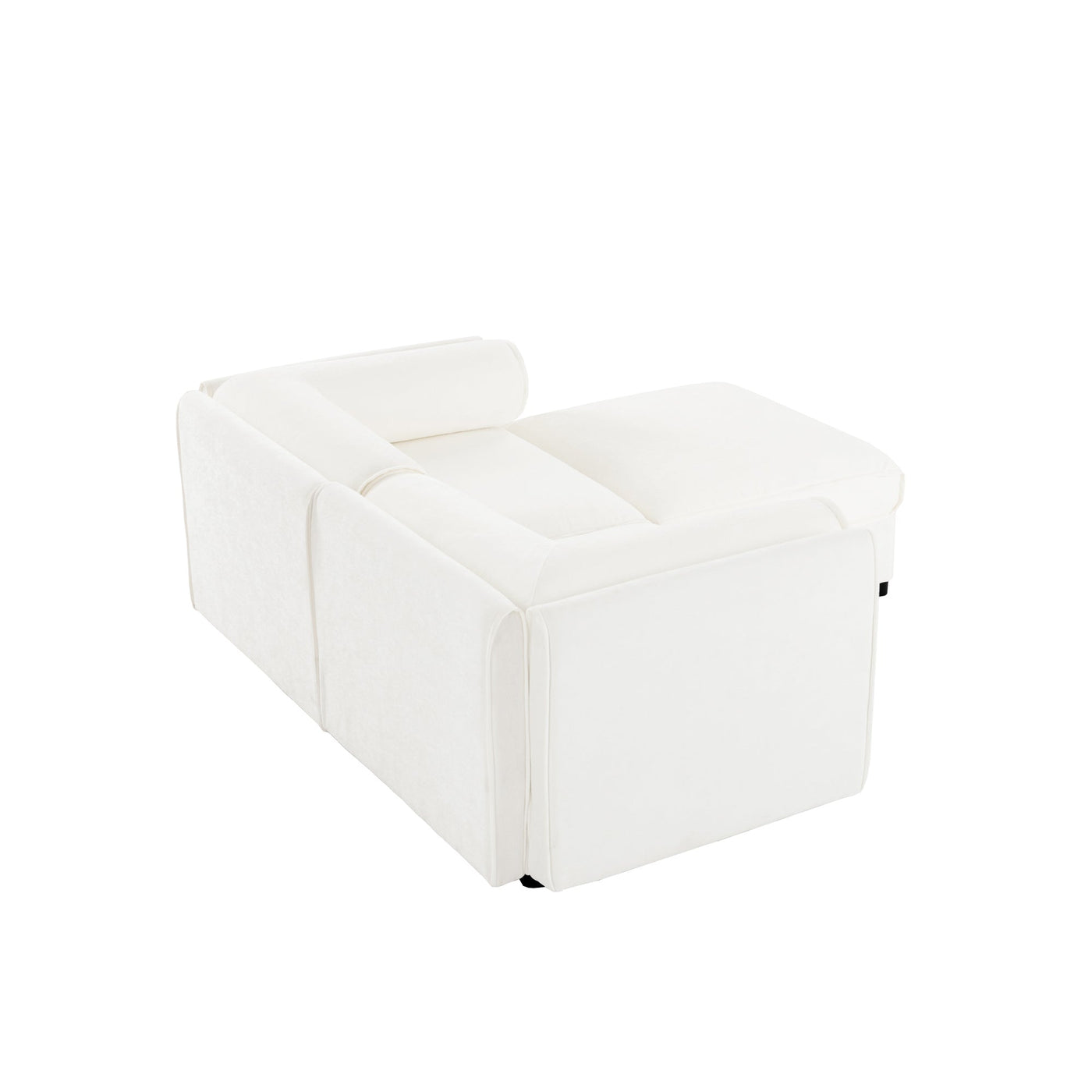 Stylish Modern Fabric 2-Seater Sofa with Ottoman Storage, White Chenille, Cylindrical Backrest and Armrests