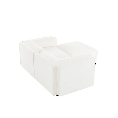 Stylish Modern Fabric 2-Seater Sofa with Ottoman Storage, White Chenille, Cylindrical Backrest and Armrests
