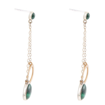 Circle Green Malachite and Two-Toned Metal Dangle Earrings