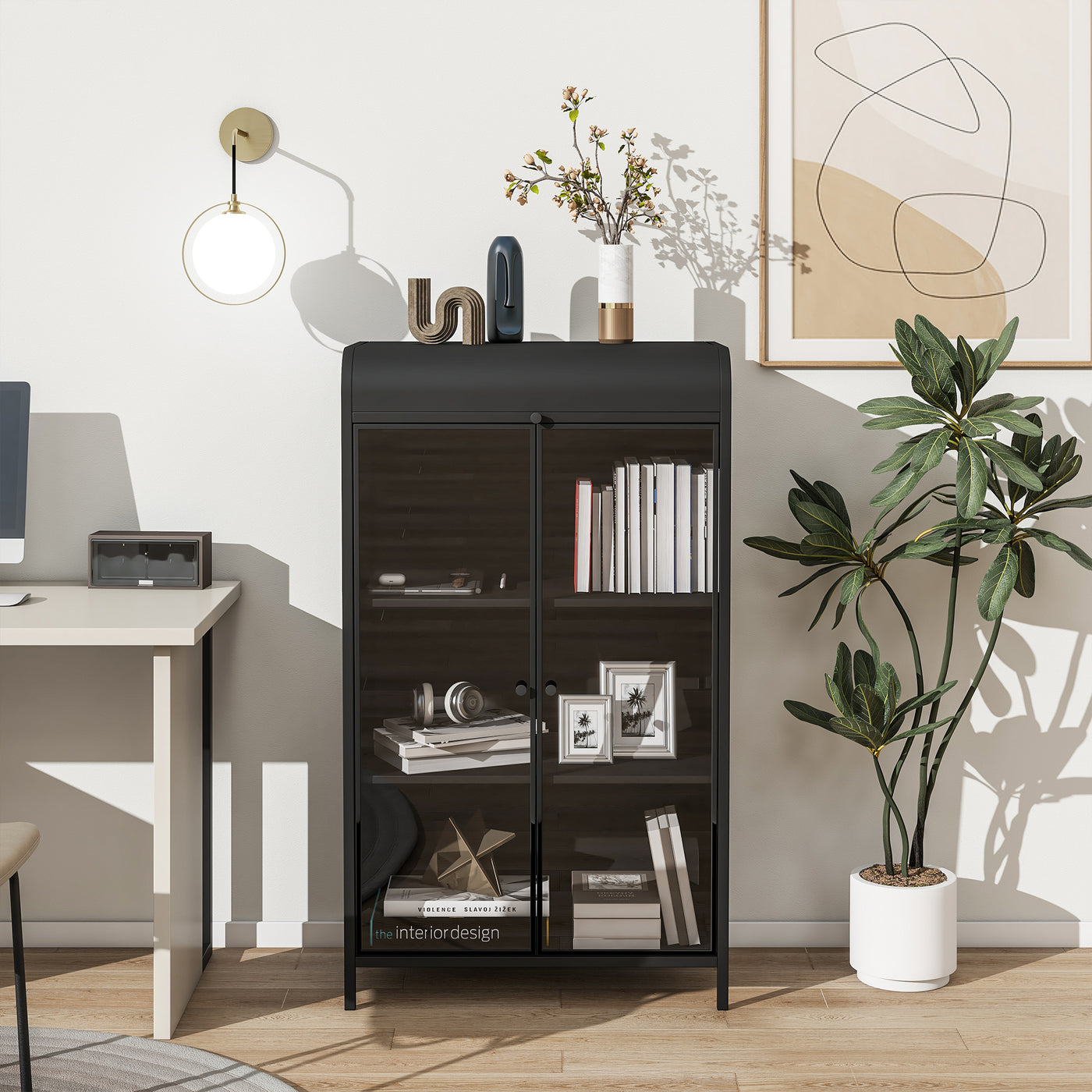 47.6' Tall Metal Storage Cabinet with Glass Doors & Flip-Top, 4-Tier Display Cabinet with Open Shelves, Freestanding Steel Sideboard Buffet for Kitchen, Living Room, Home Office, Dining Room, Bathroom