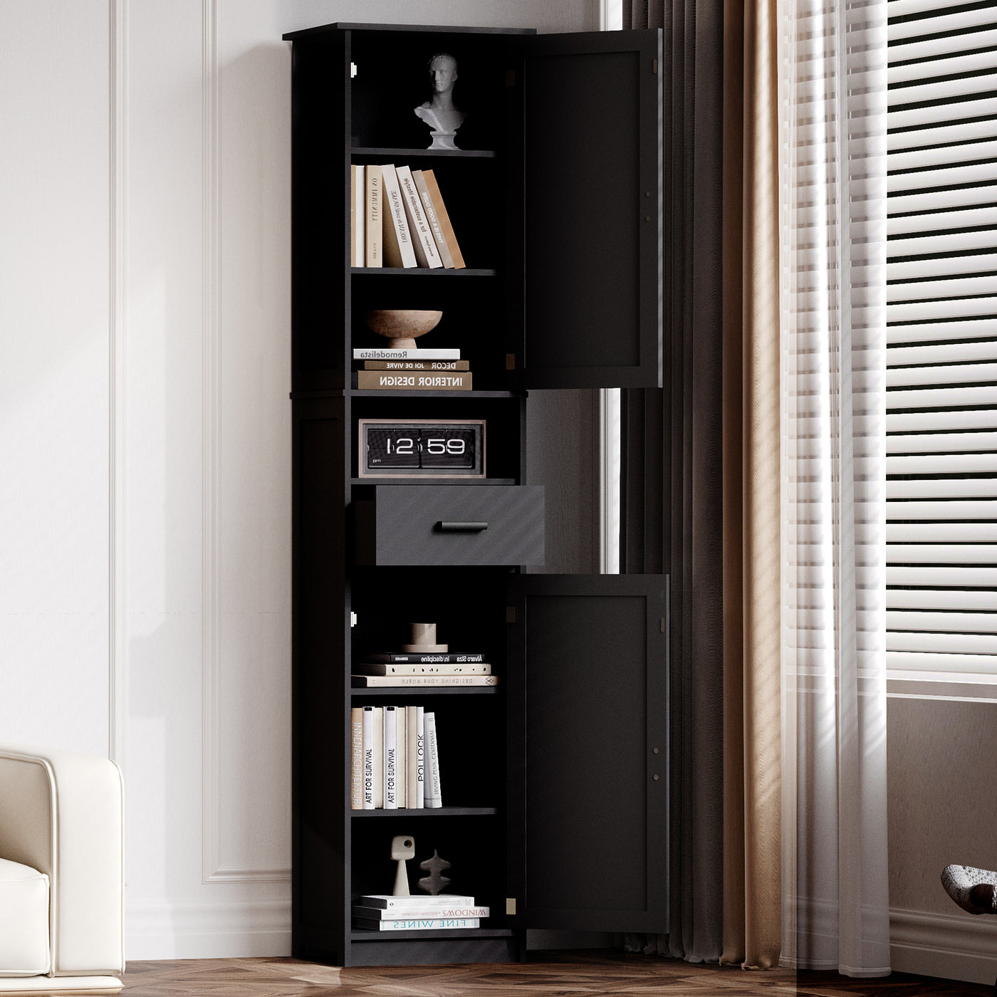 69' H Tall Bathroom Storage Cabinet with 2 Barn Doors and 1 Drawer, Narrow Storage Unit, Adjustable Shelves,Floor Cabinet for Bathroom, Living Room, Entryway,Kitchen,(Black)