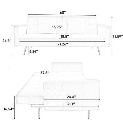 Contemporary Grey Teddy Fleece Sofa Bed with Two Throw Pillows and Metal Legs