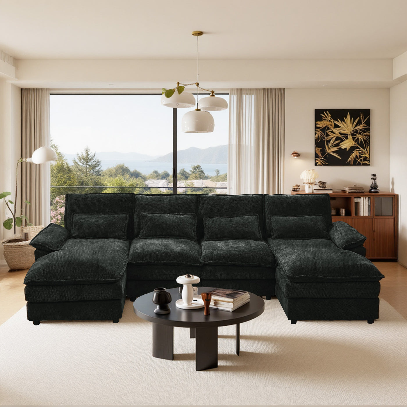 110' Modular Sectional Sofa Cloud Couch with Double Chaise Lounge , U Shaped Chenille Upholstered Leisure Sofa&Couches with Memory Foam and Waist Pillows for Living Room Office,Black.