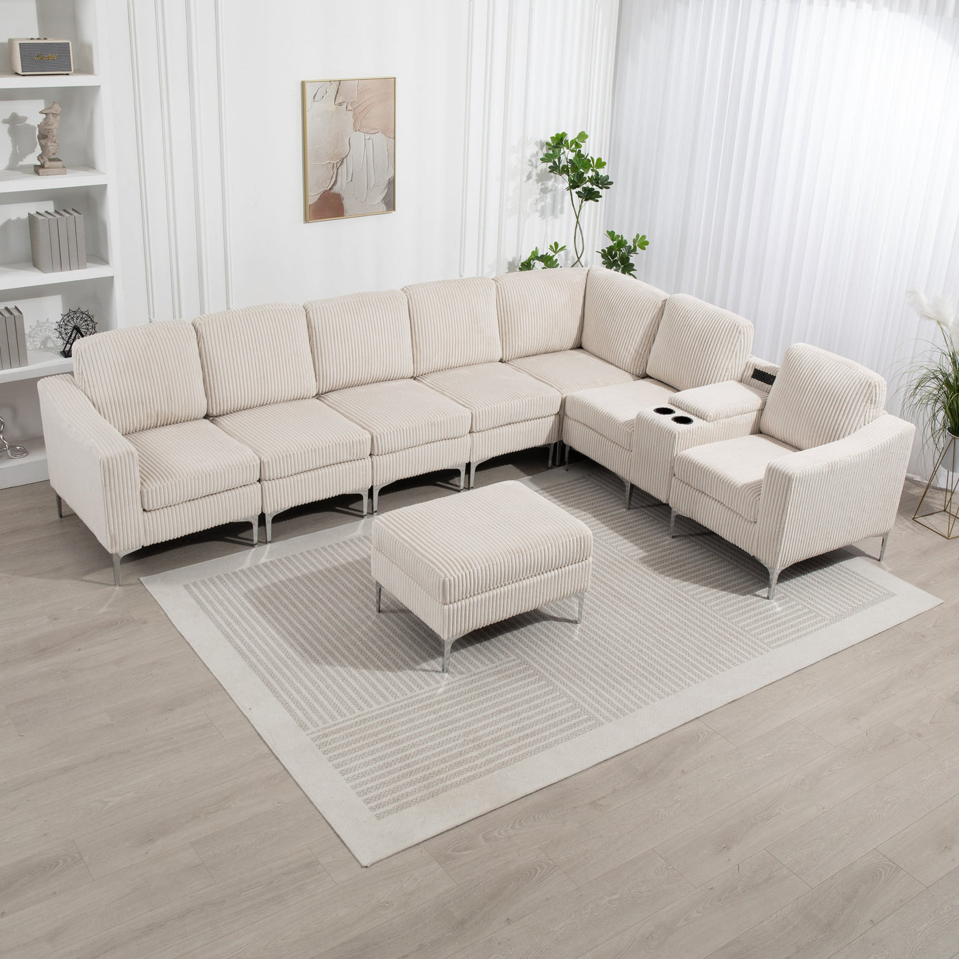Convertible Sectional Corduroy  Sofa with Storage Ottoman,Cupholders, USB Ports for Living Room Apartment,Beige
