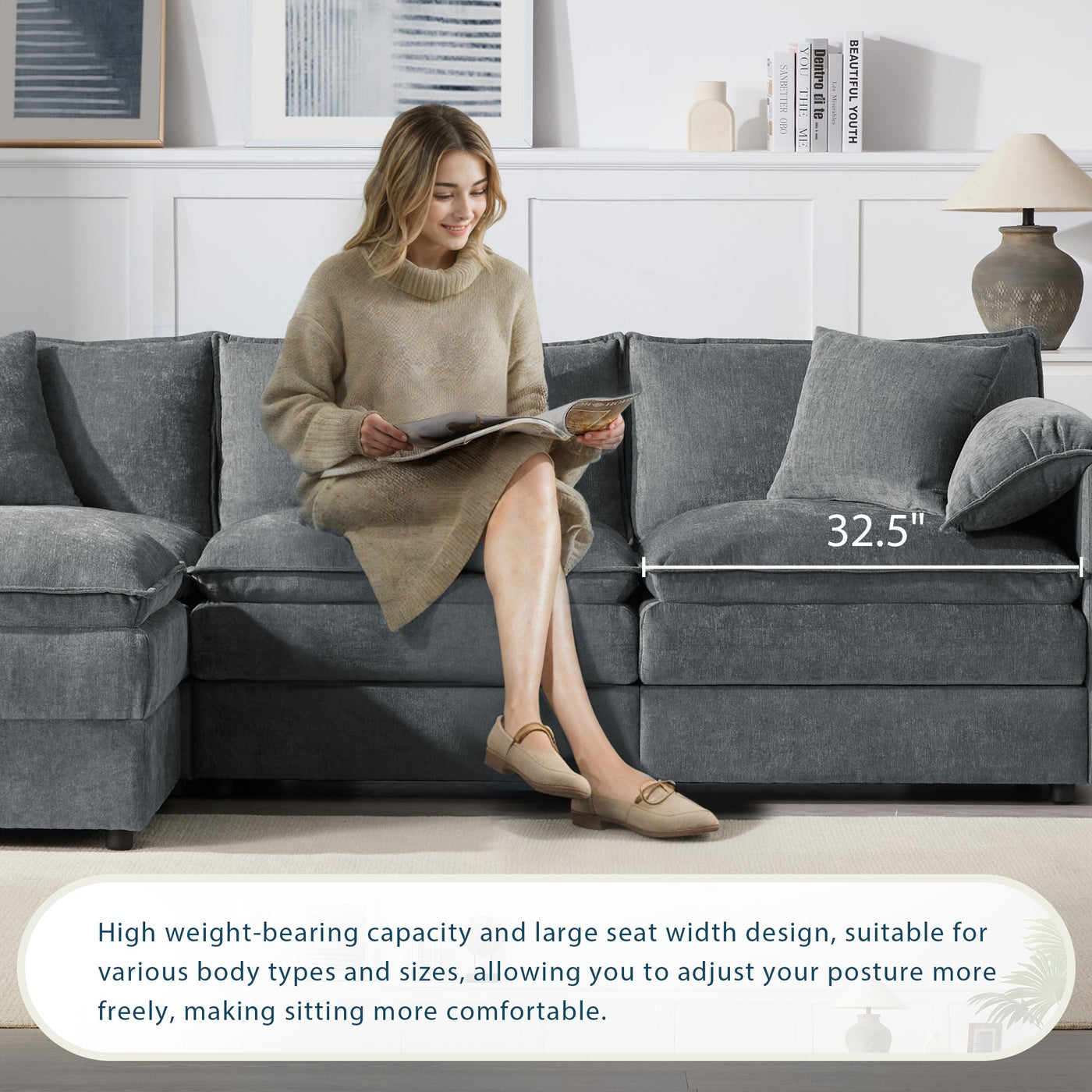 Chenille Modular Sectional Sofa with Deep and Wide Seat in Dark Gray, L Shaped Cloud Couch Set with Double Cushions, 4 Seat Sofa with Movable Ottoman