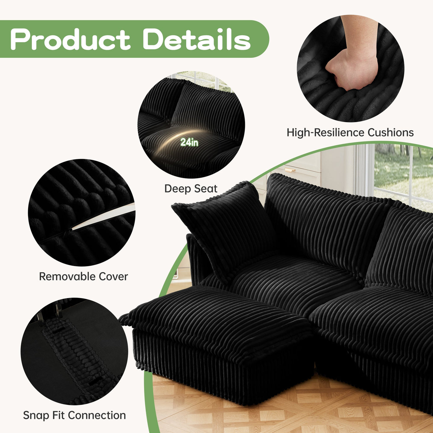 Slipcovered Long Sofa, 4 Seater Sofa with Removable Cover, Extra Deep Couch for Living Room, Corduroy Fabric Cloud Like Comfy Sofa Couch, Black Corduroy Fabric
