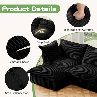 Slipcovered Long Sofa, 4 Seater Sofa with Removable Cover, Extra Deep Couch for Living Room, Corduroy Fabric Cloud Like Comfy Sofa Couch, Black Corduroy Fabric