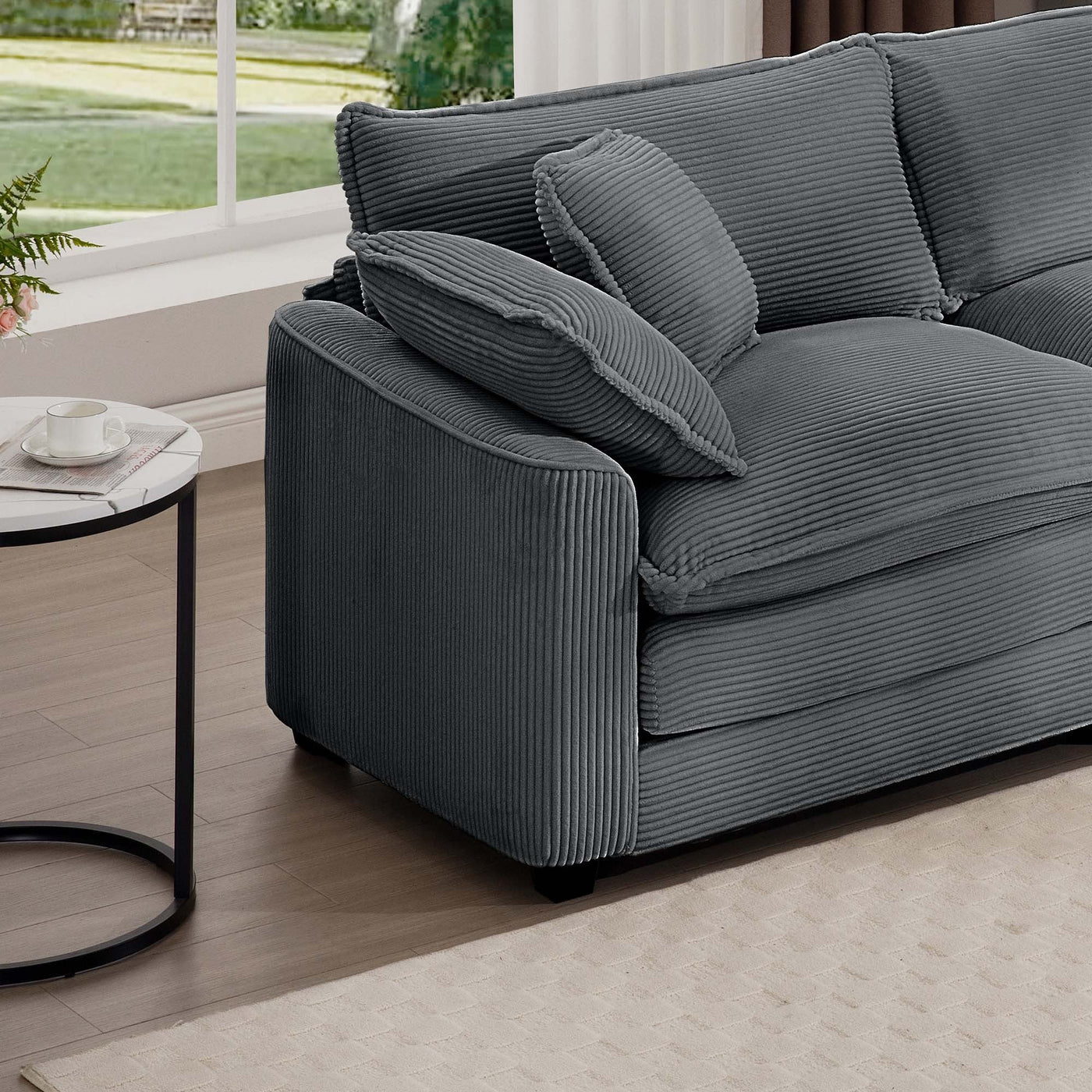 Contemporary Corduroy Two-Seater Sofa with Ottoman, Grey, Ideal for Small Spaces