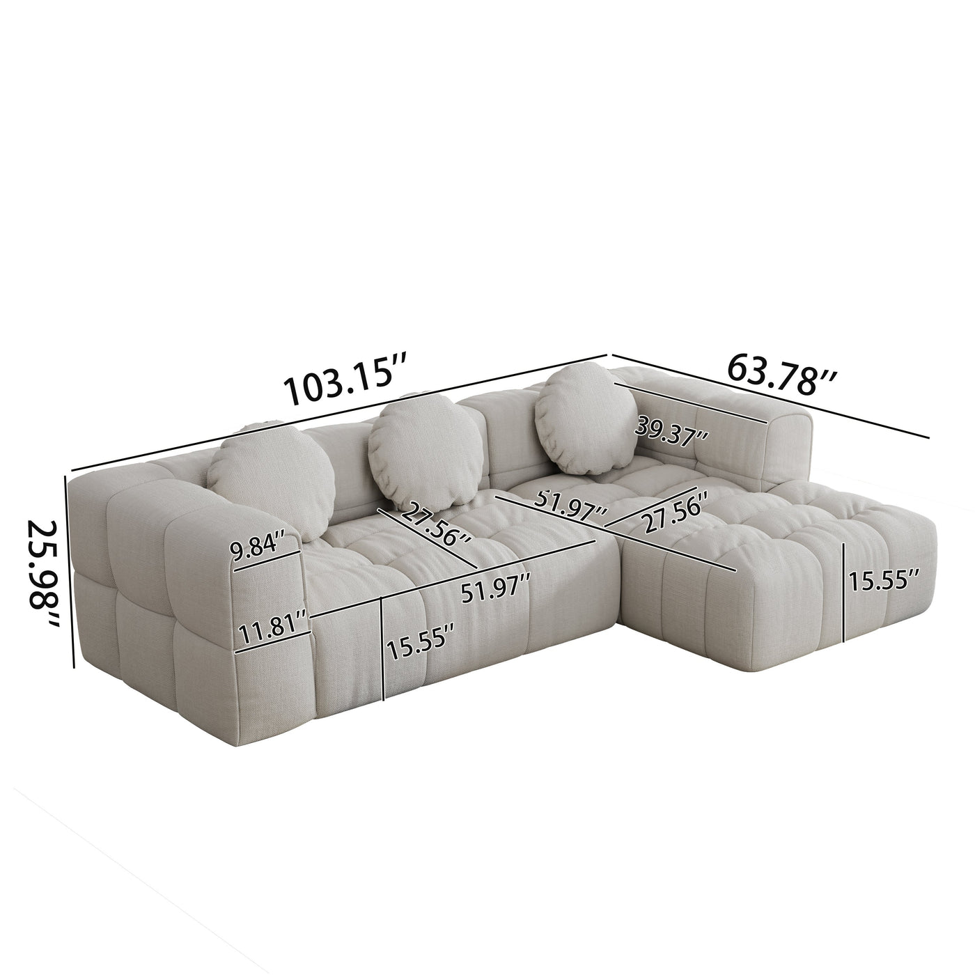 Modern upholstered combination sofa set, fully compressed modular 103' L-shaped combination living room sofa set with 3 pillows, free combination sofa for living room and bedroom (Right side recliner)