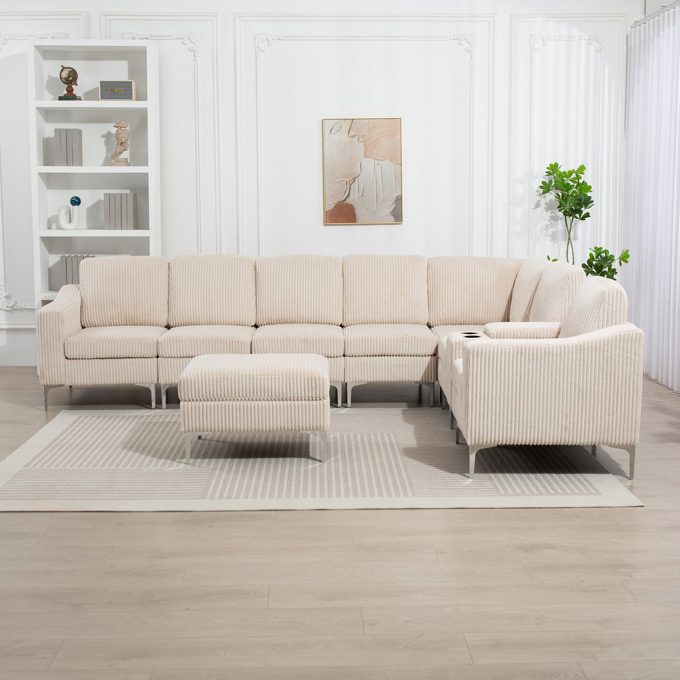 Convertible Sectional Corduroy  Sofa with Storage Ottoman,Cupholders, USB Ports for Living Room Apartment,Beige