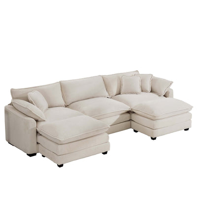 Oversized Modular Cushion Sofa with Ottomans, Comfy Upholstered U-Shaped Convertible Corner Sectional Sofa, Light Beige Corduroy