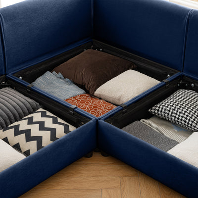 Modern Blue Chenille 2-Seater Sofa with Ottoman Storage and Cylindrical Support
