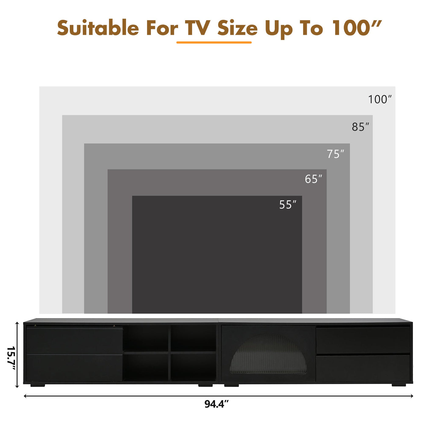 ON-TREND Modern TV Stand with Fluted Glass Door for TVs Up to 100', Media Console with Sliding Door & 2 Drawers, Free-Combination Entertainment Center with LED Light for Living Room, Bedroom, Black