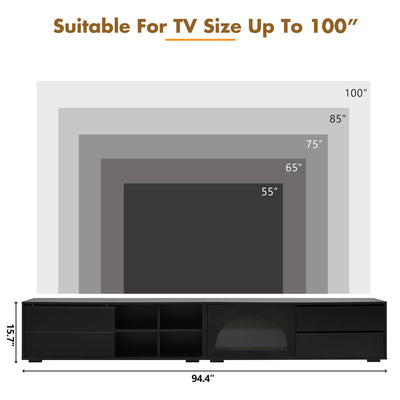 ON-TREND Modern TV Stand with Fluted Glass Door for TVs Up to 100', Media Console with Sliding Door & 2 Drawers, Free-Combination Entertainment Center with LED Light for Living Room, Bedroom, Black