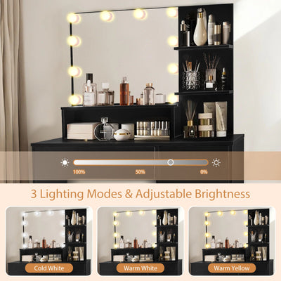 Vanity Desk with Mirror and Lights, Makeup Vanity with Drawer & Storage Cabinet, 3 Adjustable Lighting Colors, Makeup Desk with Open Shelves for Bedroom, Dressing Room, Black