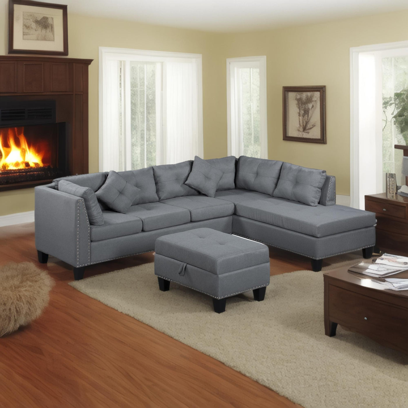 104.5' Upholstered Sofa,Chaise & Ottoman , Gray