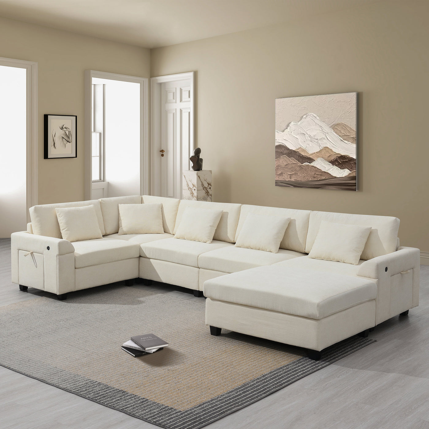 Chenille U Shaped Sectional Sofa with Ottoman, Storage, Cup Holders, and USB Ports, Off White, 128*67'