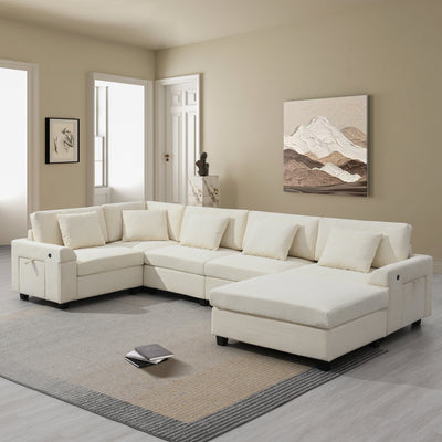 Chenille U Shaped Sectional Sofa with Ottoman, Storage, Cup Holders, and USB Ports, Off White, 128*67'