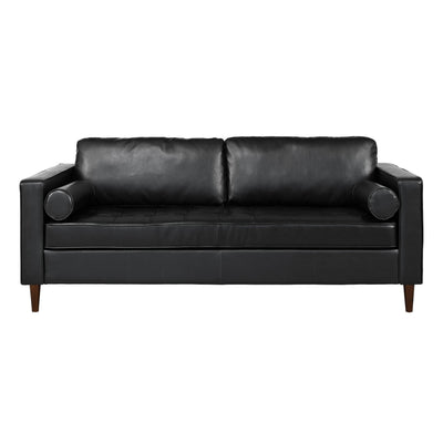 Mirod Mid-Century Modern PU Leather 3-Seat Sofa, Tufted Design, Solid Wood Legs, 2 Bolster Pillows, Comfortable Couch for Living Room & Home Office