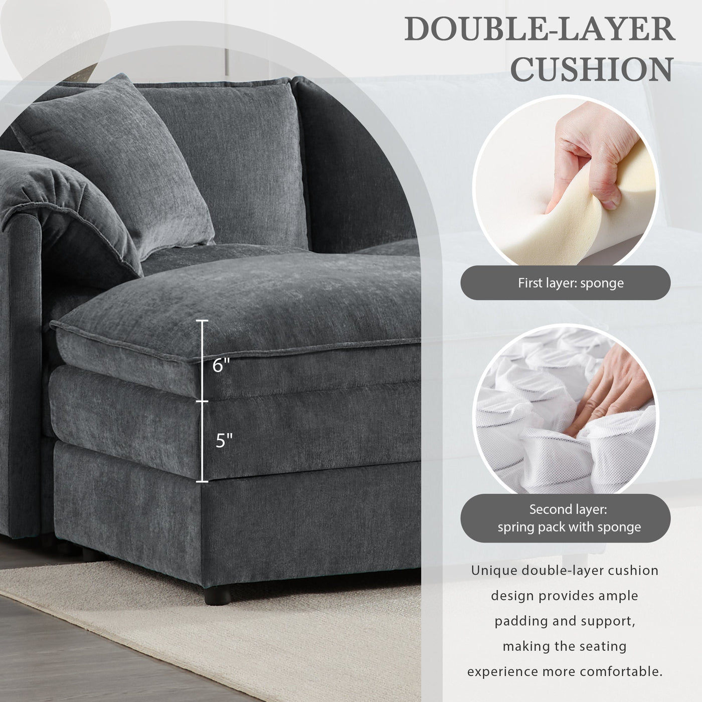 Chenille Modular Sectional Sofa with Deep and Wide Seat in Dark Gray, L Shaped Cloud Couch Set with Double Cushions, 4 Seat Sofa with Movable Ottoman