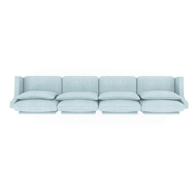 Sky Blue Four-Seater Chenille Sofa with Lumbar Pillow, Ergonomic Design, Solid Wood Frame