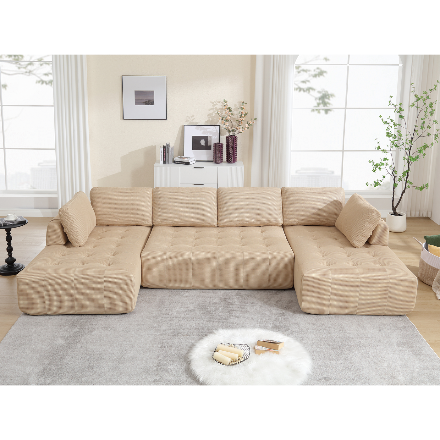 [NEW ARRIVED] [VIDEO PROVIDED]138.5 'Modular Combination Sofa, U-shaped Sofa, Living Room, Apartment, Upholstered ,6-seat Sofa, Free Combination Sofa (Mesh Fabric), Breathable Fabric, Khaki