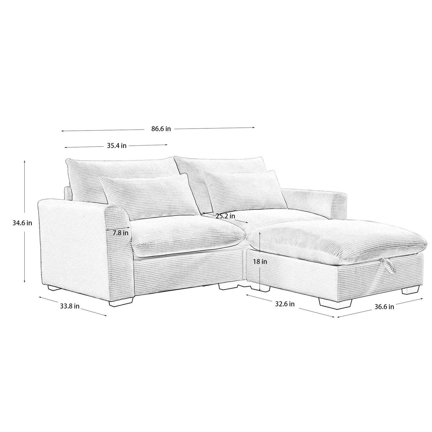 Sectional Sofa Comfy Corduroy Couch for Living Room with Pillows and Round Armrests, Modern Corduroy Sofa Sleeper Deep Couches with Storage Ottoman (Beige, 2-Seat)