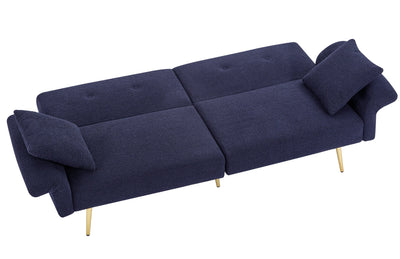 Modern Teddy Upholstered Accent Loveseat Sofa With Side Pocket,Folding Sleeper Sofa Bed With Foldable Armrest , Adjustable Backrest and Golden Metal Legs for Living Room,Dark Blue