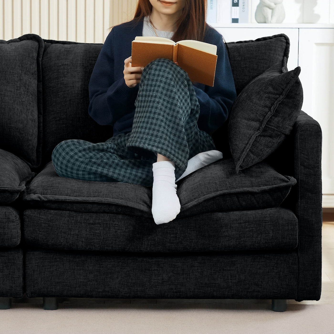 Modular Sectional Sofa, 105 Inch L Shaped Couch Set, Comfy Cloud Couches with Movable Ottoman, Black Chenille