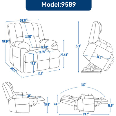 Dual Motor Heat Massage Infinite Position Up to 350 LBS Electric Power Lift Recliners with Power-Remote, Medium-firm and Heavy Duty, Light Grey