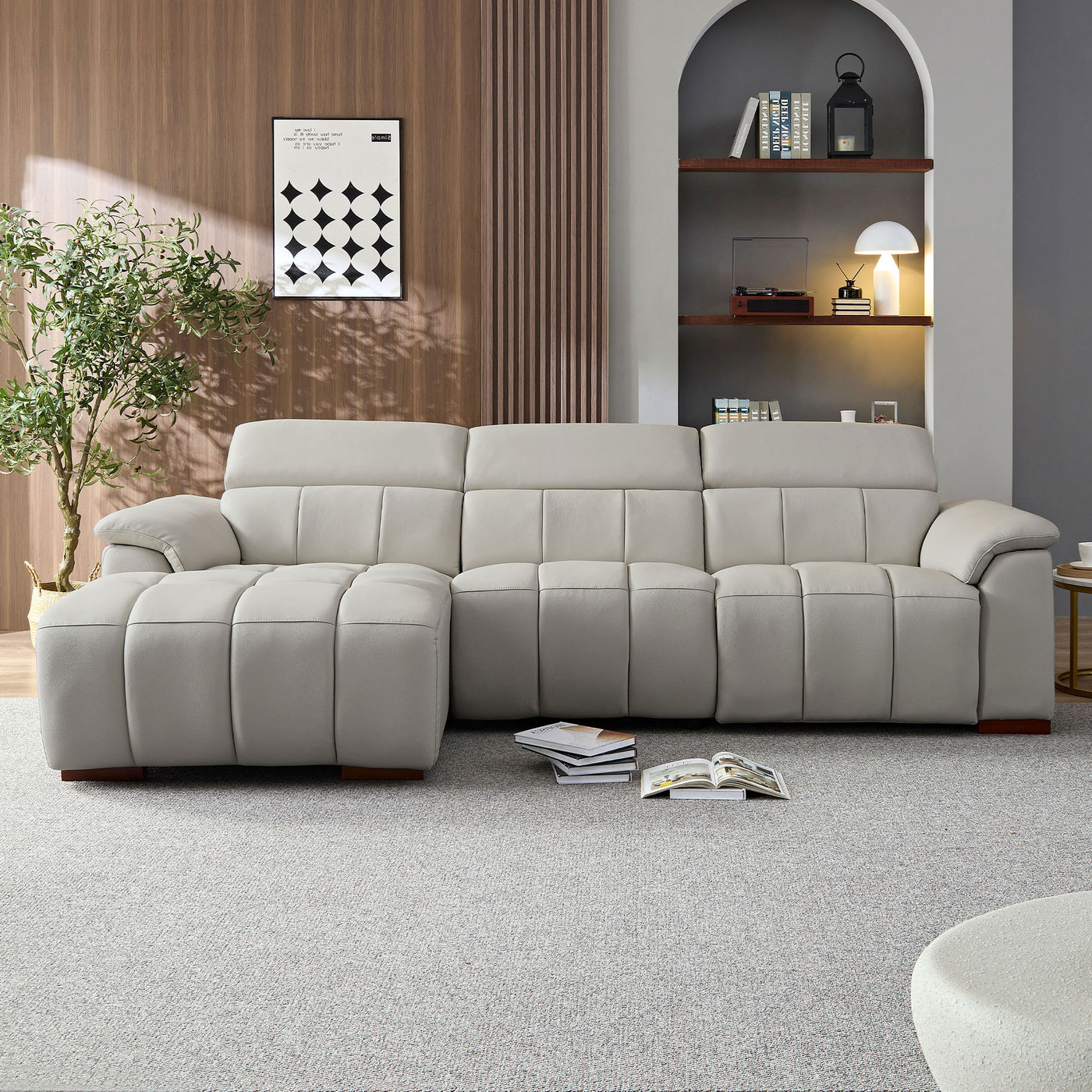 Wall-Hugger Reclining Sofa Modern Electric Control Genuine Leather L Shaped Couch,Lounge Seat Theater Seating Furniture with USB Port, Sofa with Headrest & Footrest for Living Room,Apartment,Office