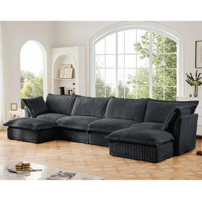 Slipcovered U Shape Sectional Wide and Deep Seat Sofa Couch, 4 Seater Sofa with French Edges Design Multiple Big Pillows, Soft Deep Seat Comfy Cloud Couch for Living Room, Apartment, Gray Corduroy