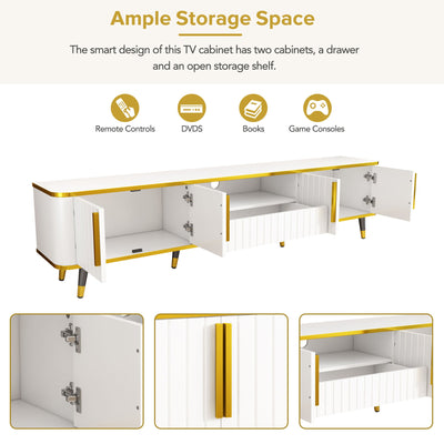 ON-TREND Luxury Minimalism TV Stand with Open Storage Shelf for TVs Up to 85', Entertainment Center with Cabinets and Drawers, Practical Media Console with Unique Legs for Living Room, White