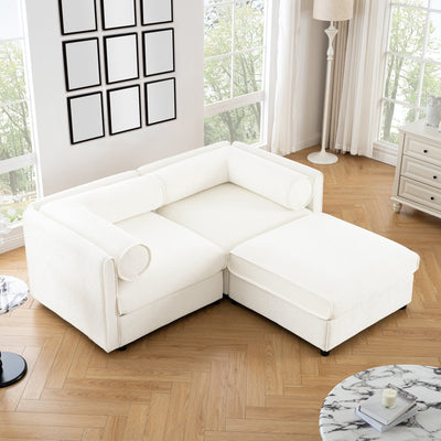Stylish Modern Fabric 2-Seater Sofa with Ottoman Storage, White Chenille, Cylindrical Backrest and Armrests