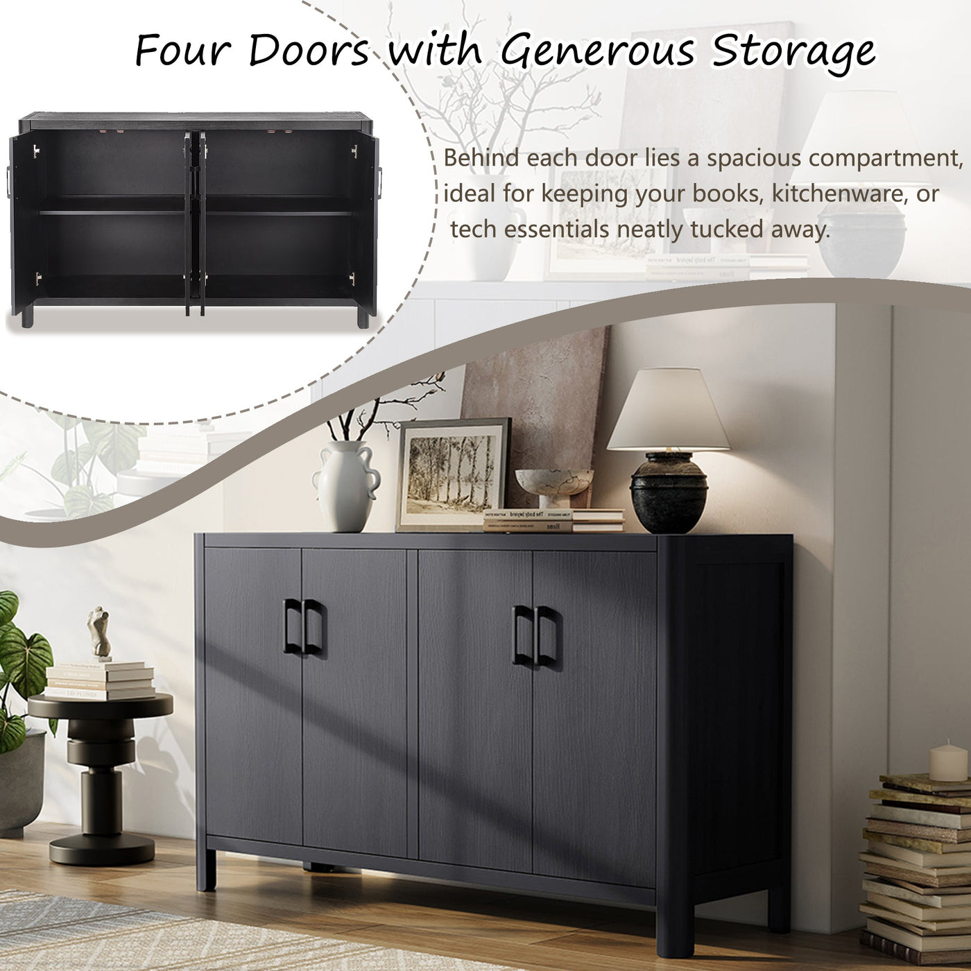 Mirod Farmhouse Style 4-Door Cabinet with Natural Finish, A Rustic Accent for Entryways or Small Spaces