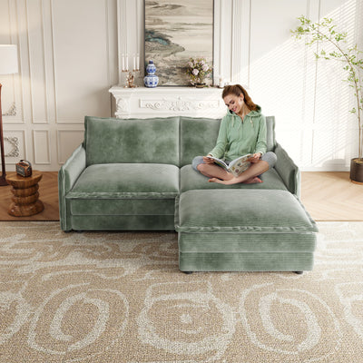 Corduroy Fabric Loveseat Sofa Couch with 1 Footrest for Living Room,2 Seater L-Shaped Sectional with Ottoman, Upholstered Large Size Deep Seat 2-Seat Sofa with 2 cushions