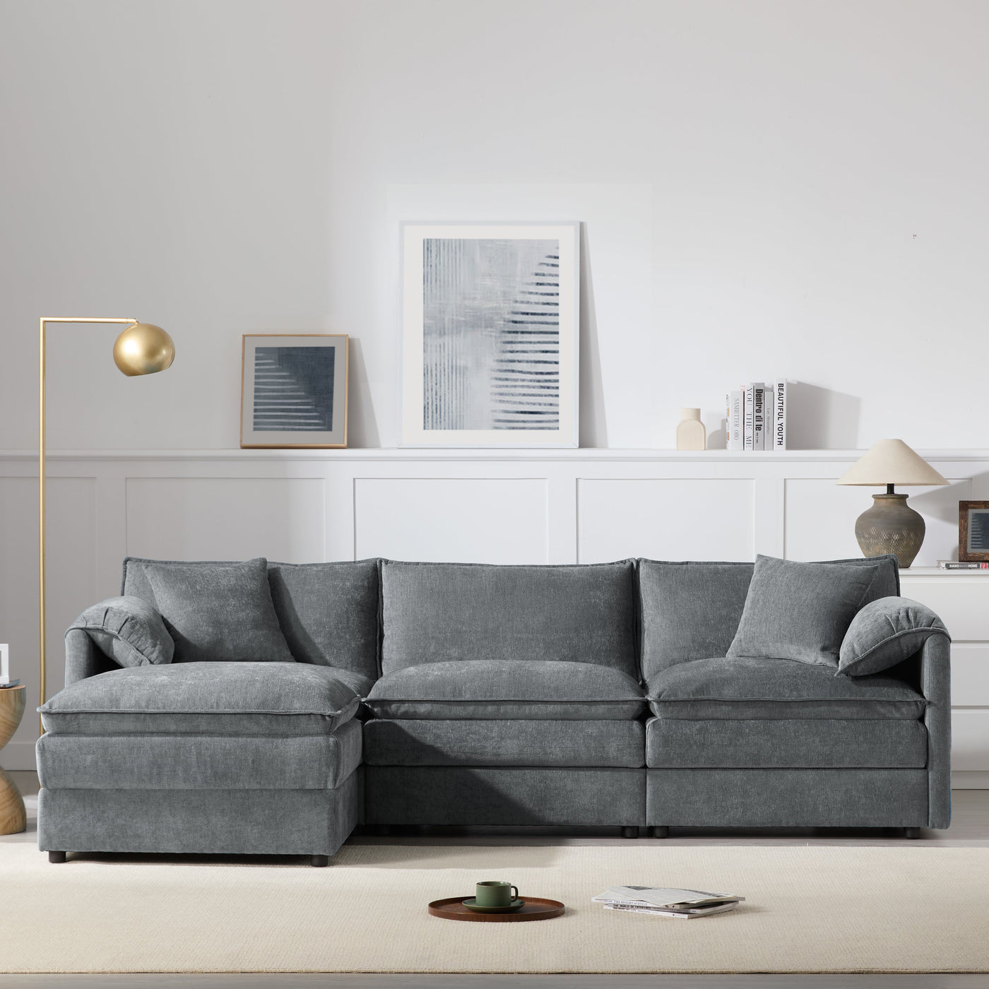 Chenille Modular Sectional Sofa with Deep and Wide Seat in Dark Gray, L Shaped Cloud Couch Set with Double Cushions, 4 Seat Sofa with Movable Ottoman