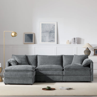 Chenille Modular Sectional Sofa with Deep and Wide Seat in Dark Gray, L Shaped Cloud Couch Set with Double Cushions, 4 Seat Sofa with Movable Ottoman