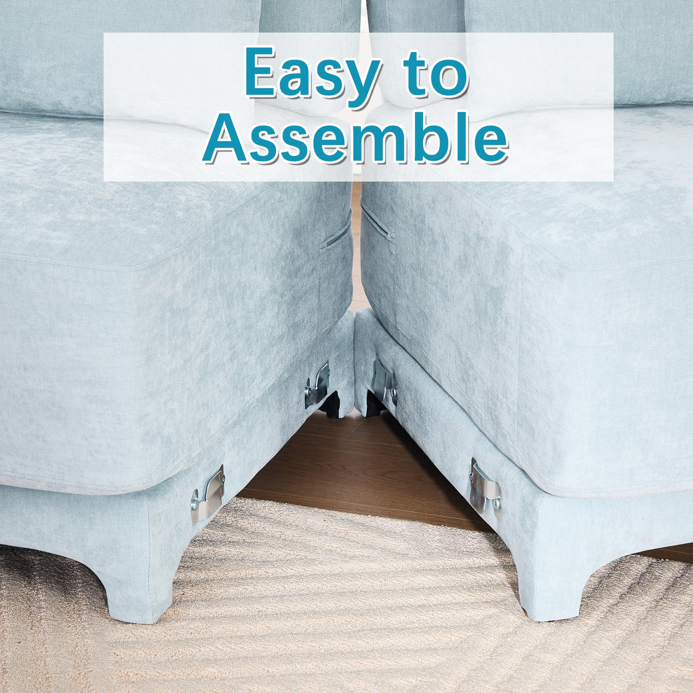 Stylish Four-Seater Sofa with Movable Ottoman in Sky Blue Chenille Fabric with Ergonomic Design