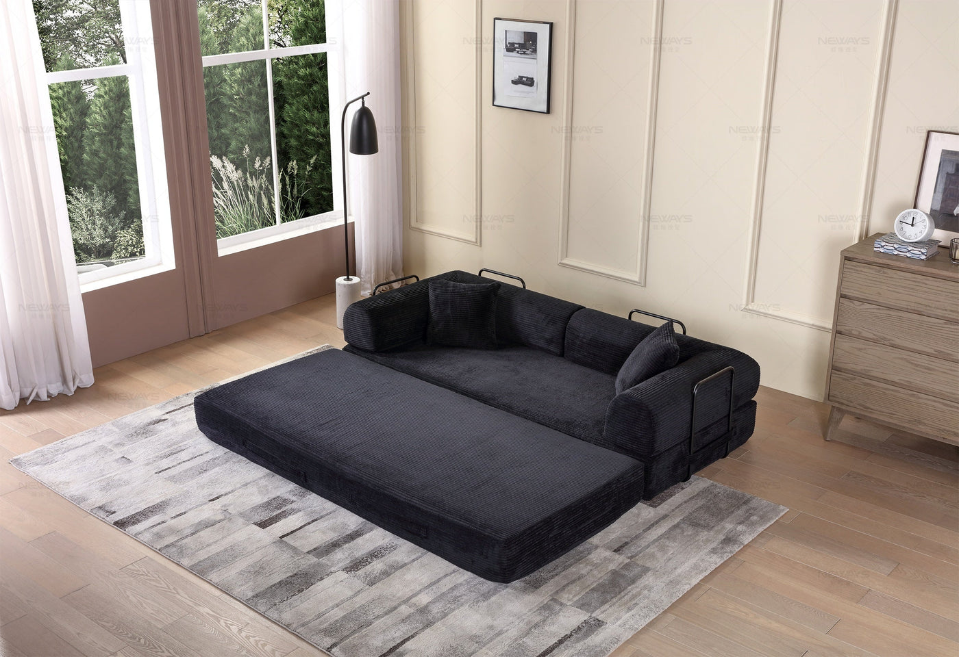 Convertible Sleeper Sofa Bed with Cylindrical Pillow - Corduroy Folding Mattress Couch with Fixed-Shape Frame for Living Room, Bedroom, Lounge, Studio - Black