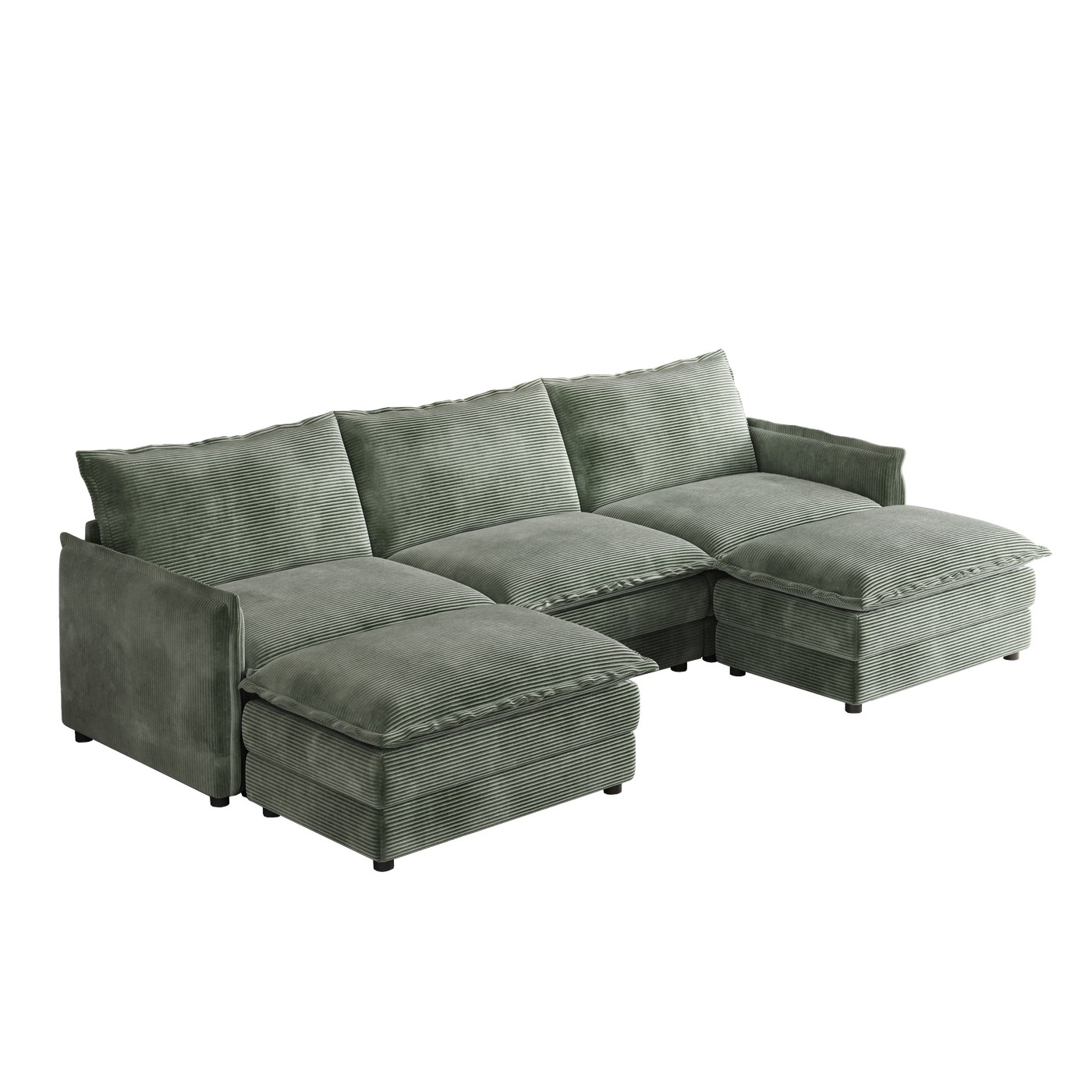Corduroy Fabric 3-Seater Comfy Cloud Couch with 2 Movable Footrest for Living Room,Oversized Deep Seat U Shaped Couch Set, Upholstered Large Size Deep Seat 2-Seat Sofa with 3 cushions