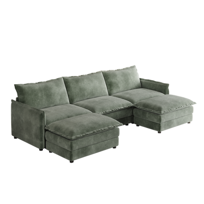 Corduroy Fabric 3-Seater Comfy Cloud Couch with 2 Movable Footrest for Living Room,Oversized Deep Seat U Shaped Couch Set, Upholstered Large Size Deep Seat 2-Seat Sofa with 3 cushions