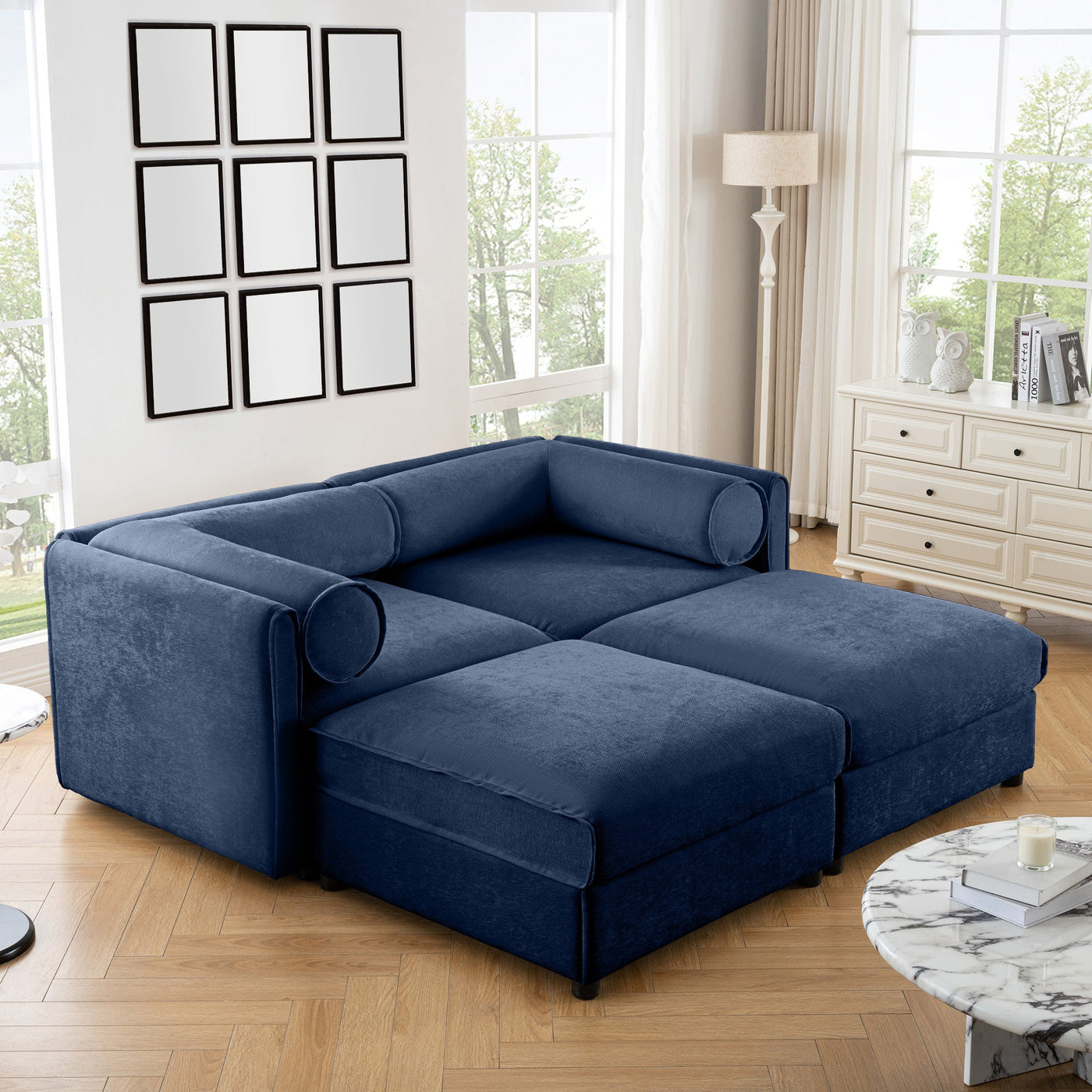 Modern Blue Chenille 2-Seater Sofa with Ottoman Storage and Cylindrical Support