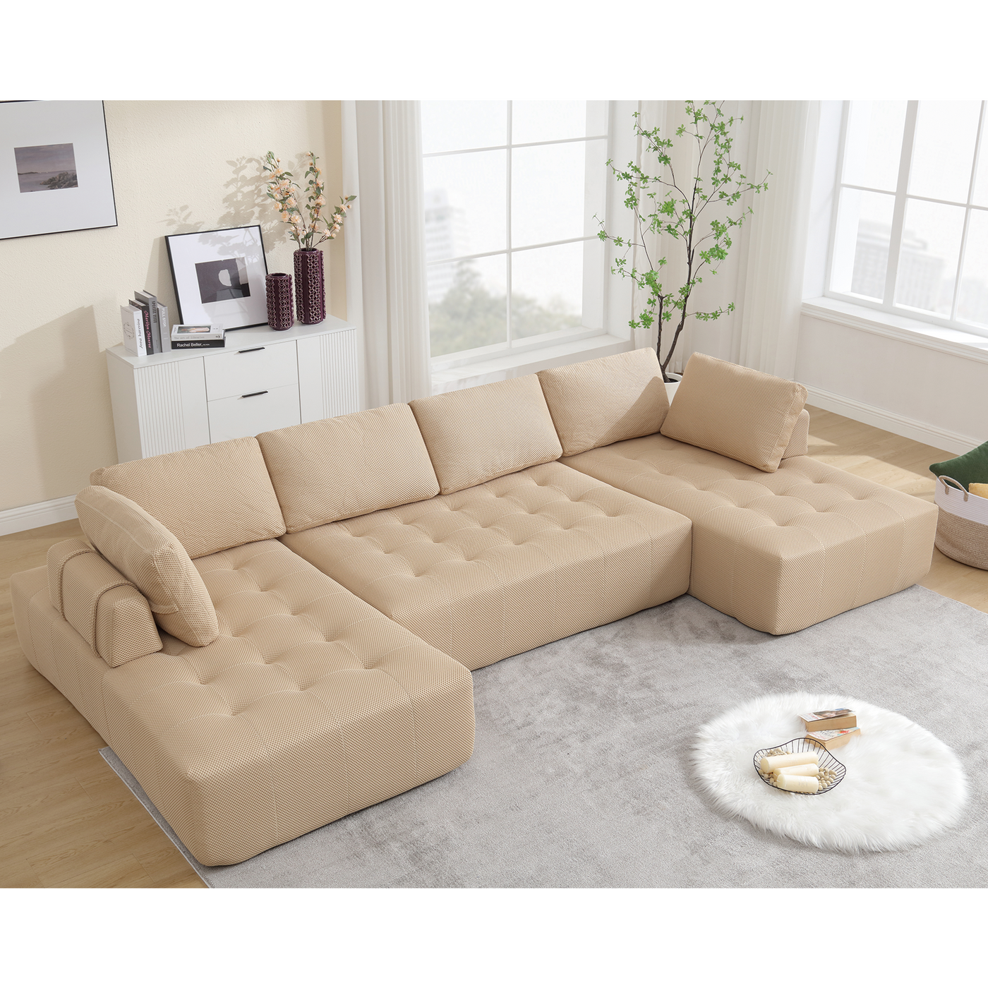 [NEW ARRIVED] [VIDEO PROVIDED]138.5 'Modular Combination Sofa, U-shaped Sofa, Living Room, Apartment, Upholstered ,6-seat Sofa, Free Combination Sofa (Mesh Fabric), Breathable Fabric, Khaki